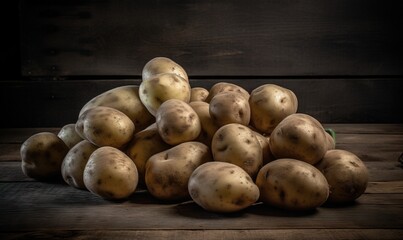  a pile of potatoes sitting on top of a wooden table.  generative ai
