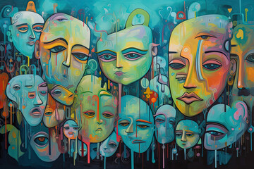 Obraz premium A crowd of people, closeup on faces, identity disorder concept illustration, generative ai