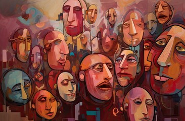 A crowd of people, closeup on faces, identity disorder concept illustration, generative ai