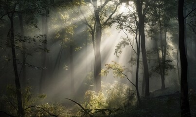  a forest with sunbeams shining through the trees and fog.  generative ai