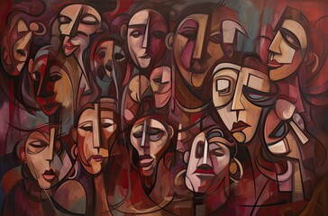 Naklejka na ściany i meble A crowd of people, closeup on faces, identity disorder concept illustration, generative ai