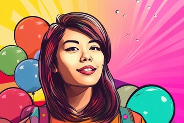 Happy Asian Woman in Comic Pop Art Background, Generative AI