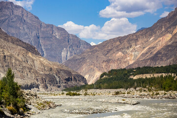 River and mountain landscape in Northern Pakistan. Gilgit Baltistan Karakoram Highway Pakistan