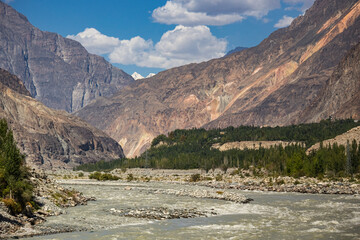 River and mountain landscape in Northern Pakistan. Gilgit Baltistan Karakoram Highway Pakistan
