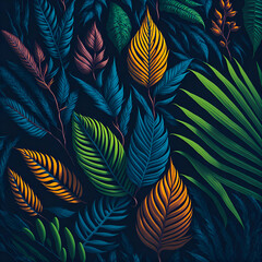 Fototapeta na wymiar Pattern of drawing tropical leaves in a modern style, jungle exotic print texture of natural elements on a black background, created by Generative AI