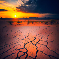 Cracked earth in the desert at sunset, created with generative AI