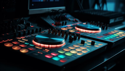 Nightclub sound engineer adjusting mixer knobs professionally generated by AI