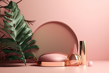 Empty minimal podium with palm leaves and perfume bottle on pink background, created with Generative AI.