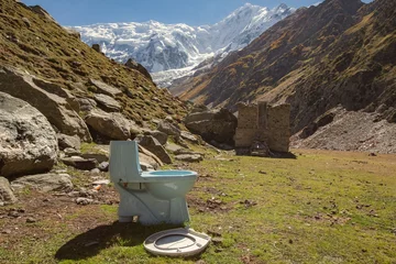 Acrylic prints Nanga Parbat Toilet with the mountain view at Rakaposhi mountain base camp Pakistan