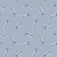 watercolor floral and leaves seamless pattern. Foliage seamless pattern of blue branches with leaves, watercolor floral illustration on white background.
