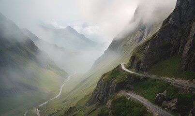  a scenic view of a winding road in the mountains with fog.  generative ai