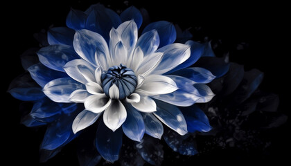 fractal blue, white and indigo spring,summer flower dahlia luxury set on black, floral pattern, happy woman, Generative AI