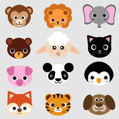 Big set of cute funny animals faces. Isolated objects on white background. Hand drawn vector illustration. Scandinavian style flat design. Concept for children print.
