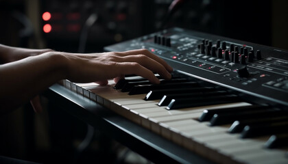 Expert musician skillfully playing piano on stage generated by AI