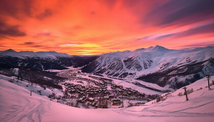 Majestic mountain range at dusk, tranquil beauty generated by AI