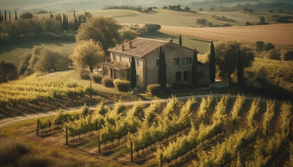 Fototapeta na wymiar Rustic winery in Chianti region, harvesting grapes generated by AI
