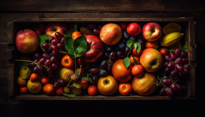 Rustic basket of juicy organic fruit collection generated by AI
