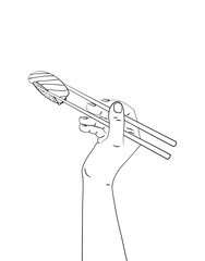 A hand with chopsticks holds a sushi. Asian kitchen elements with sushi and wooden chopsticks. Hand drawn holding a sushi. Vector sushi  chopsticks. Vector illustration.
