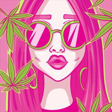 Digital art of a stoner girl with pink hair and green marijuana leaves around her head. Character avatar of a junkie woman with sunglasses and cannabis.