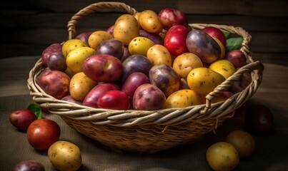  a basket filled with lots of different types of apples next to other fruits.  generative ai