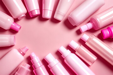 A perfume or a bottle for cosmetics on a pink background. Generative AI.