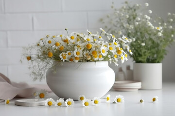 Background for Mother's Day with chamomile in a white interior and a bunch of wild flowers in a white vase on the table (Generative AI)