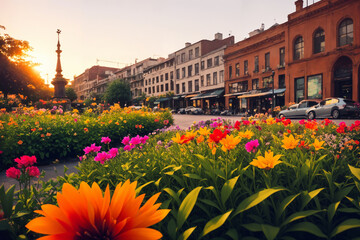 Flowers close-up, bright flowerbed in a city. Generative AI.