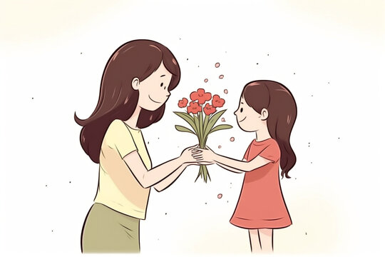 Drawing of a girl handing flowers to her mother, mothers day concept, cartoon style (Generative AI)