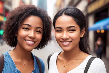 Fototapeta premium Portrait of a beautiful girlfriend asian and african american girls, city street as a background. Generative AI.