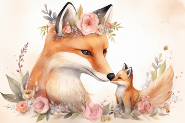 Beautiful fox mother and baby fox animals with crown of flowers on their head, Wildlife Mother's Day greeting poster (Generative AI)