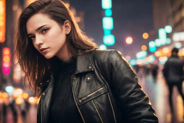 Portrait of a beautiful woman on the street of the night city with neon lights, rainy weather. Generative AI.