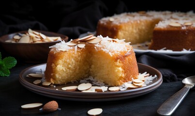  a slice of cake on a plate with almonds on the side.  generative ai