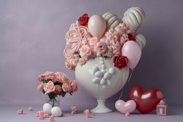 Balloons, a heart, a large bouquet of flowers on a light background, Festive layout for Mother's Day, template for postcard (Generative AI)