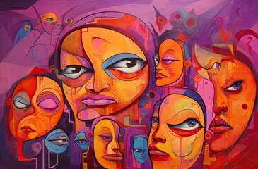 Fototapeta premium A crowd of people, closeup on faces, identity disorder concept illustration, generative ai