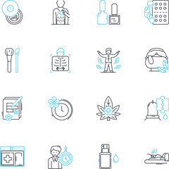 Fototapeta premium Yoga mindfulness linear icons set. Meditate, Om, Chakra, Serenity, Asana, Namaste, Calm line vector and concept signs. Breath,Stretch,Relaxation outline illustrations