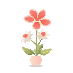 Indoor plants flat color illustration. Realistic houseplant in beige pot on metal stands. Exotic flowers with stems and leaves. Isolated botanical design element