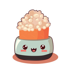 Cute sushi icon in kawaii style with smiling face and pink cheeks. Japanese traditional cuisine dishes. Temaki, tempura, nigiri, tamago, uramaki, futomaki.