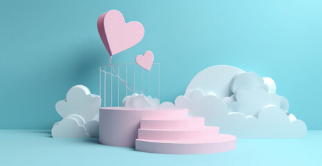 blue sky 3d podium stage whit love and cloud concept good for display product in theme of Mother's day (Generative AI)