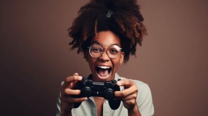 Young African American woman using a game controller - obrazy, fototapety, plakaty