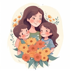 Fototapeta na wymiar Illustration of mother and kids with flowers for mother's day (Generative AI)