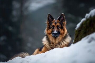 dog resting in a winter landscape. Generative AI