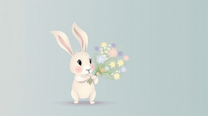 Cute Hare Holding a Bouquet of Flowers, for Text, Ready Greeting Card Happy Birthday, Mother's Day, Other Holidays (Generative AI)