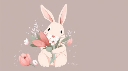 Cute Hare Holding a Bouquet of Flowers, for Text, Ready Greeting Card Happy Birthday, Mother's Day, Other Holidays (Generative AI)