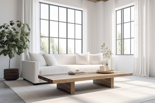 White and bright modern design living room white linen sofa and plant