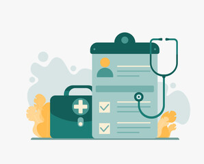 Stethoscope, shield and health insurance card. Health insurance, medical check up. Trendy style vector illustration.	