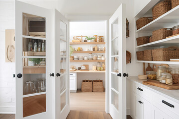 Organized food pantry closet in cozy cottage style home