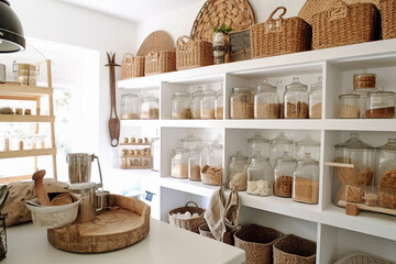 Organized food pantry closet in cozy cottage style home