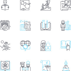 Educated campus linear icons set. Knowledgeable, Intellectual, Studious, Scholarly, Academic, Learned, Erudite line vector and concept signs. Informed,Astute,Discerning outline illustrations