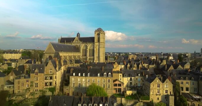 Flying over the famous city in France, which hosts 24 hour races. The most popular race track in the world. Le Mans cityscape in France.