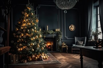 luxury Christmas tree ornamented with bauble, generative AI